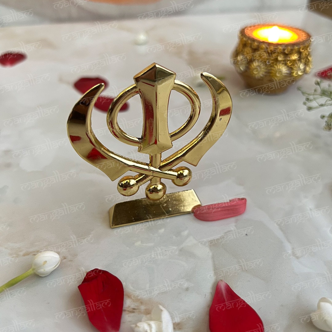 Khanda Sahib Golden Metal Idol for Car Dashboard | Mandir | Home Décor | Office | Table Showpiece