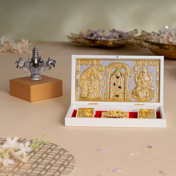 Lord Balaji Face Idol - Silver Plated (4 Inch) with Svastika Balaji Pocket Temple - Gold Plated (Small) - Combo