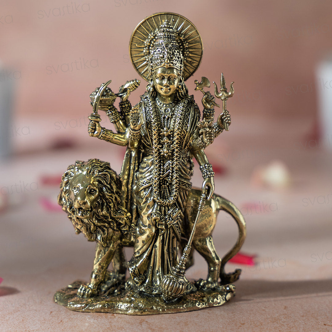 Brass Standing Durga Maa Murti with Lion ( 6 Inch)