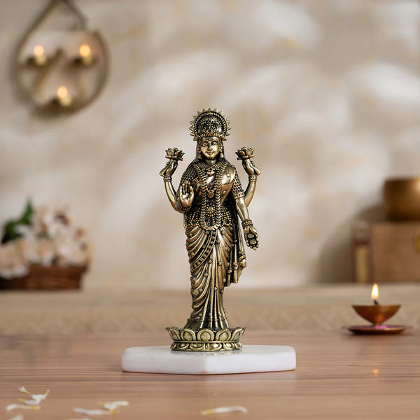 Brass Lakshmi Idol Standing on Lotus (6 Inch)