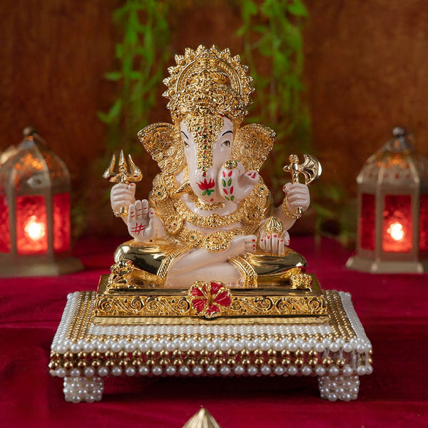 Dagdusheth Ganpati Murti With Chowki For Home - Gold Plated (7 Inch)