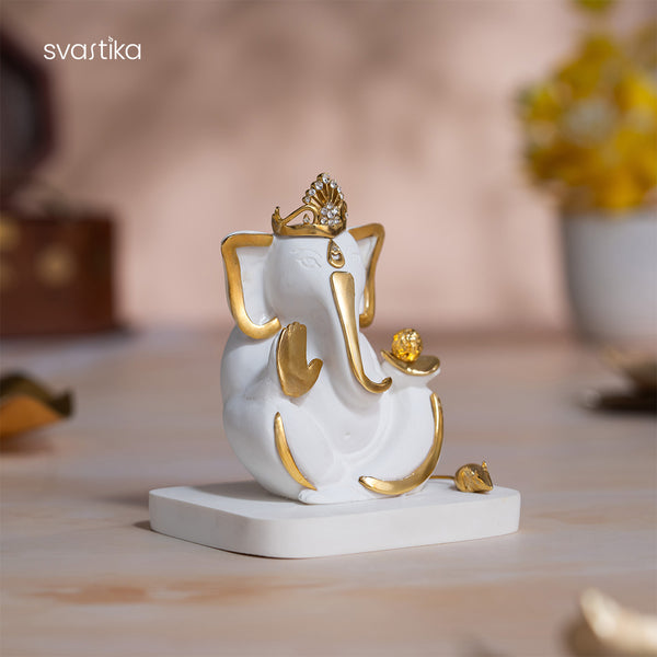 White & Gold Mukut Ganesh murti For Car Dashboard