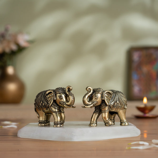 Brass Vastu Trunk Up Brass Elephant Statue Pair (2 Inch)