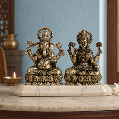 Brass Lakshmi Ganesh Murti On Lotus (3 Inch)