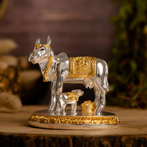 Auspicious Kamdhenu Cow with Calf Idol - Gold and Silver Plated (4 Inch)