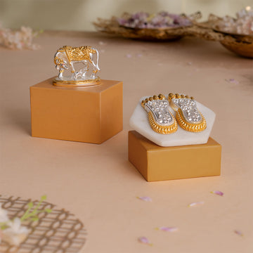 Kamdhenu Cow with Calf Idol - Gold & Silver Plated (2.5 inch) with Maa Lakshmi's Charan Paduka - Gold & Silver Plated (3 Inch) - Combo