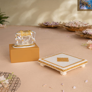 Kamdhenu Cow with Calf Idol - Gold & Silver Plated (3.5 Inch) with White & Gold Pearl Pooja Chowki (7 Inch) - Combo