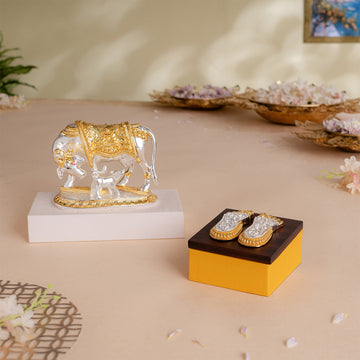 Kamdhenu Cow with Calf Idol - Gold & Silver Plated (5 Inch) with Maa Lakshmi's Charan Paduka on Elegant Base - Gold & Silver Plated - Combo