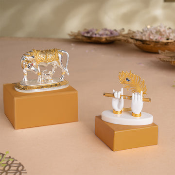 Kamdhenu Cow with Calf Idol - Gold & Silver Plated (3.5 Inch) with Lord Krishna's Divine Hands Idol For Car Dashboard - Gold Plated (3.5 Inch) - Combo