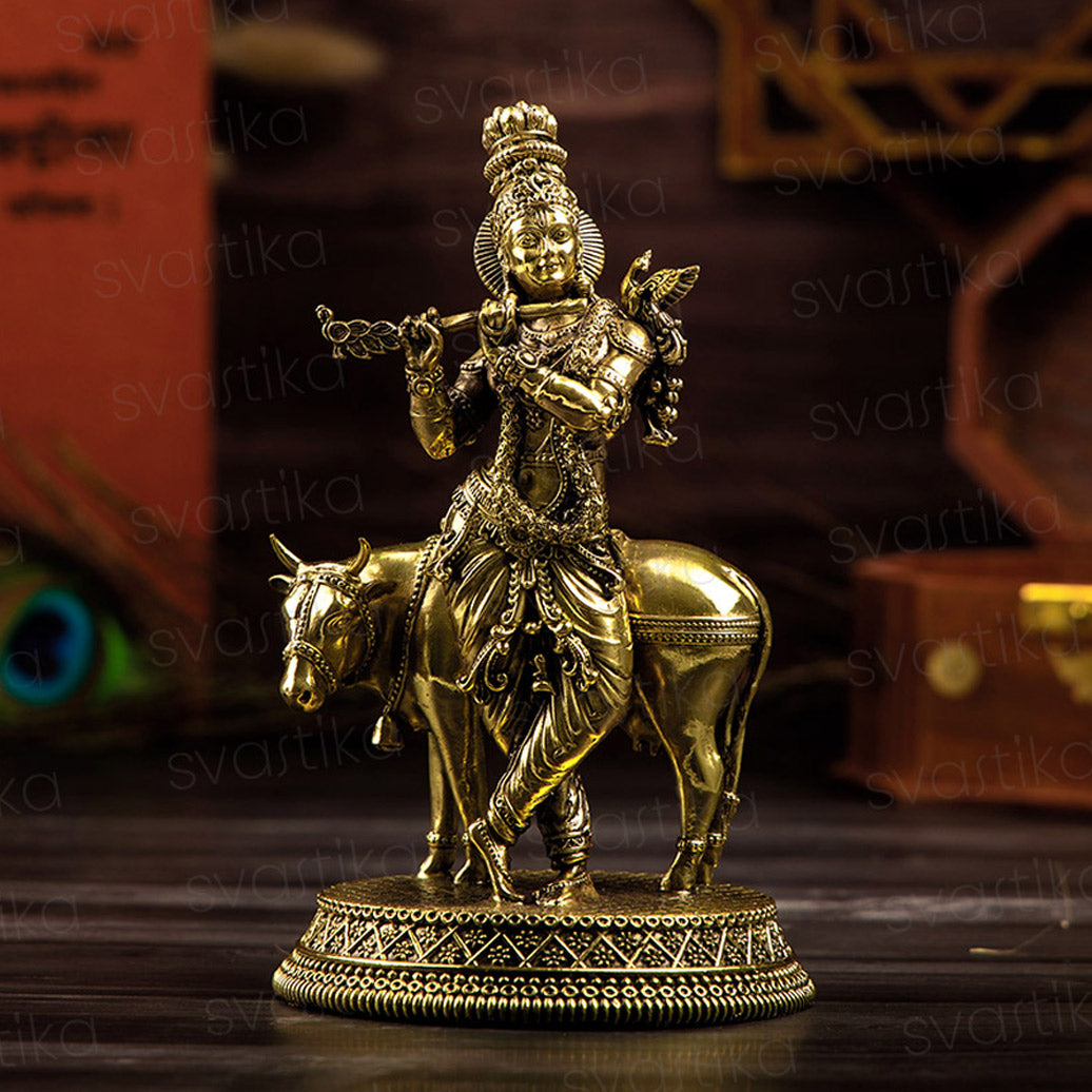 Shri Krishna with Calf Statue | Brass (7 Inch)