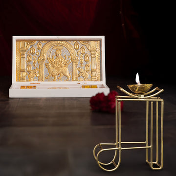 Svastika Nav Durga Pocket Temple - Gold Coated (Small) with Brass Maa Symbol Diya (5 Inch) - Combo