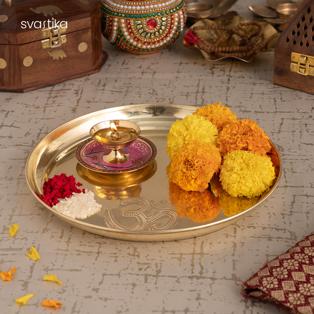 Om engraved  Brass Pooja Thali with Aarti Diya