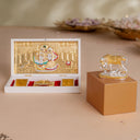 Kamdhenu Cow with Calf Idol - Gold & Silver Plated (2.5 inch) with Svastika Radhe Krishna Pocket Temple - Gold Plated (Small) - Combo