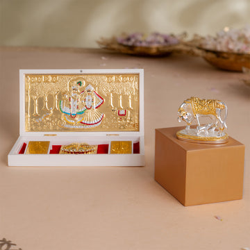 Kamdhenu Cow with Calf Idol - Gold & Silver Plated (2.5 inch) with Svastika Radhe Krishna Pocket Temple - Gold Plated (Small) - Combo