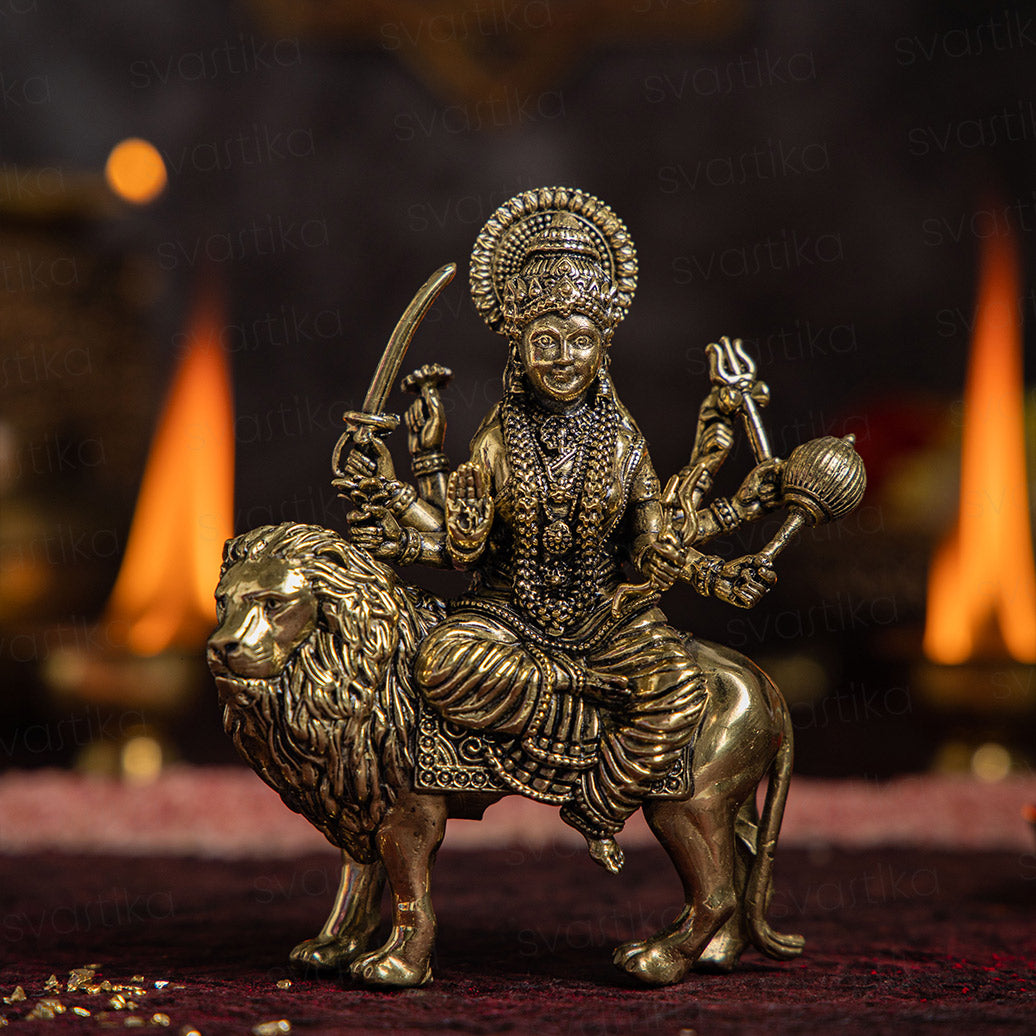 8 Armed Goddess Durga with Lion Brass Statue | 5 Inch