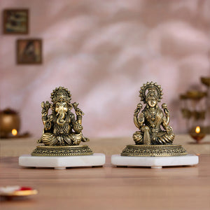 Brass Four-Armed Lakshmi Ganesh Murti Pair (4 Inch)