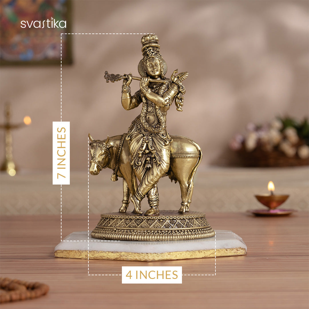 7 inch krishna ji with cow brass idol