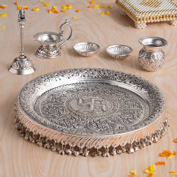 Swastik Engraved Pooja Thali -Silver Plated (10 Inch)