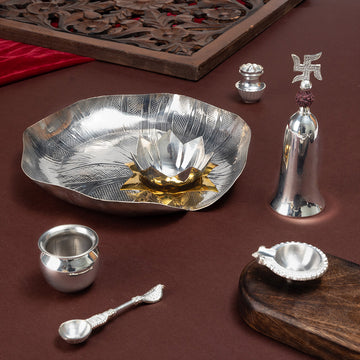 Lotus Leaf Pooja Thali Set - Silver Plated (10 Inch)