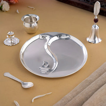 Ganesh Depicted Pooja Thali Set - German Silver (8.5 Inch)