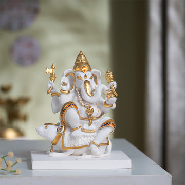 Elegant White & Gold Lord Ganesha With Mushak (6.5 Inch)
