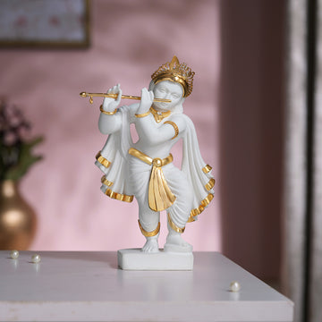 Elegant White & Gold Lord Krishna Idol Playing Flute (8.25 Inch)