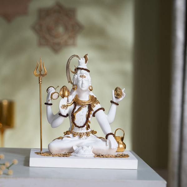 Premium White & Gold Plated Shiva Statue With Trishul