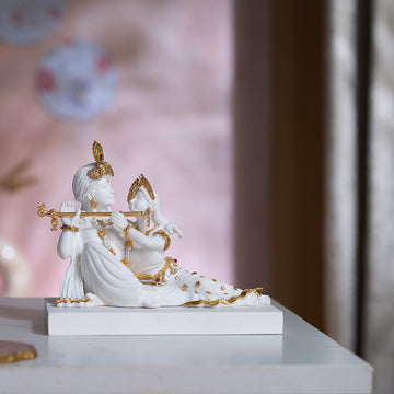 Luxurious White & Gold Sitting Radha Krishna Murti (6 Inch)