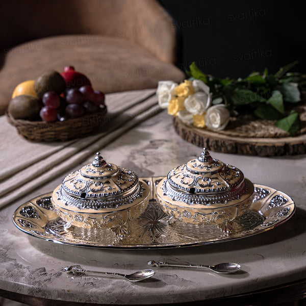 Serving Mukhwas Tray with Bowl - German Silver (15.5 Inch)