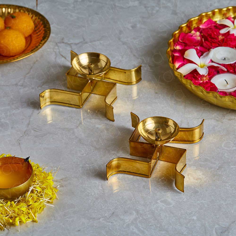 Horizontal Swastika Symbol Brass Akhand Diya
