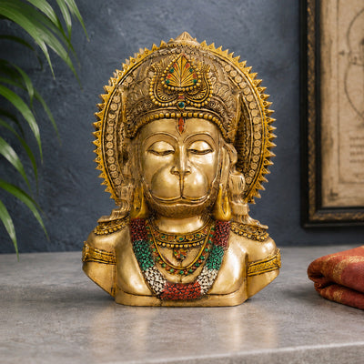 Svastika meditating Lord Hanuman face antique idol 8 inch close product view