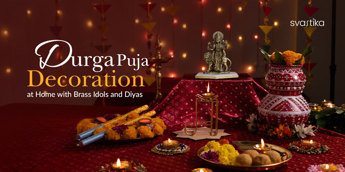 Durga Puja Decoration at Home with Brass Idols and Diyas