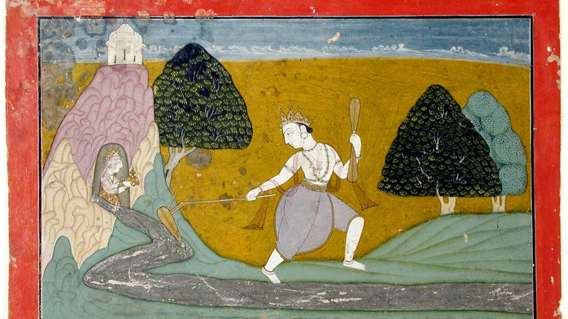 Balarama, crowned and carrying his pestle, drags the Yamuna into a new course with the tip of his plough
