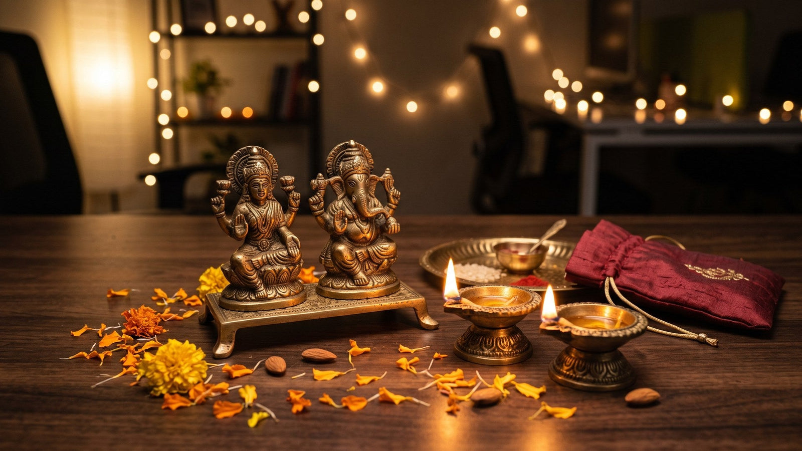A brass Lakshmi and Ganesha pair with lit diyas and a silk pouch on a desk, laid out as a Diwali corporate gift.