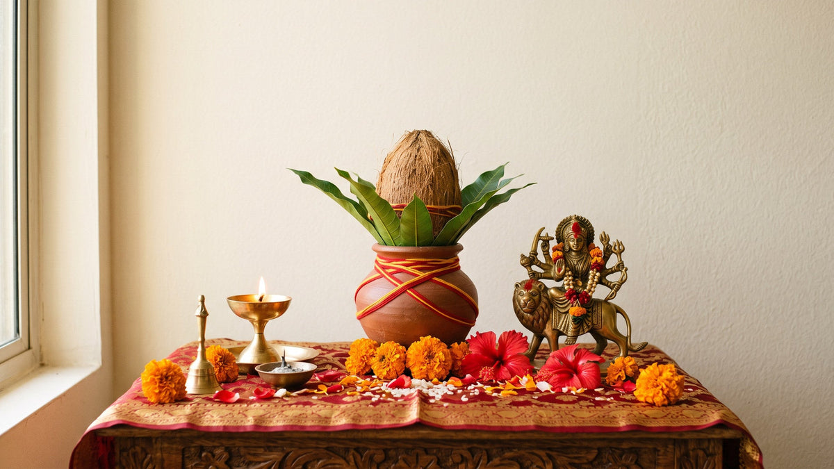 A Navratri ghatasthapana kalash with mango leaves and coconut beside a brass Durga idol and lamp.