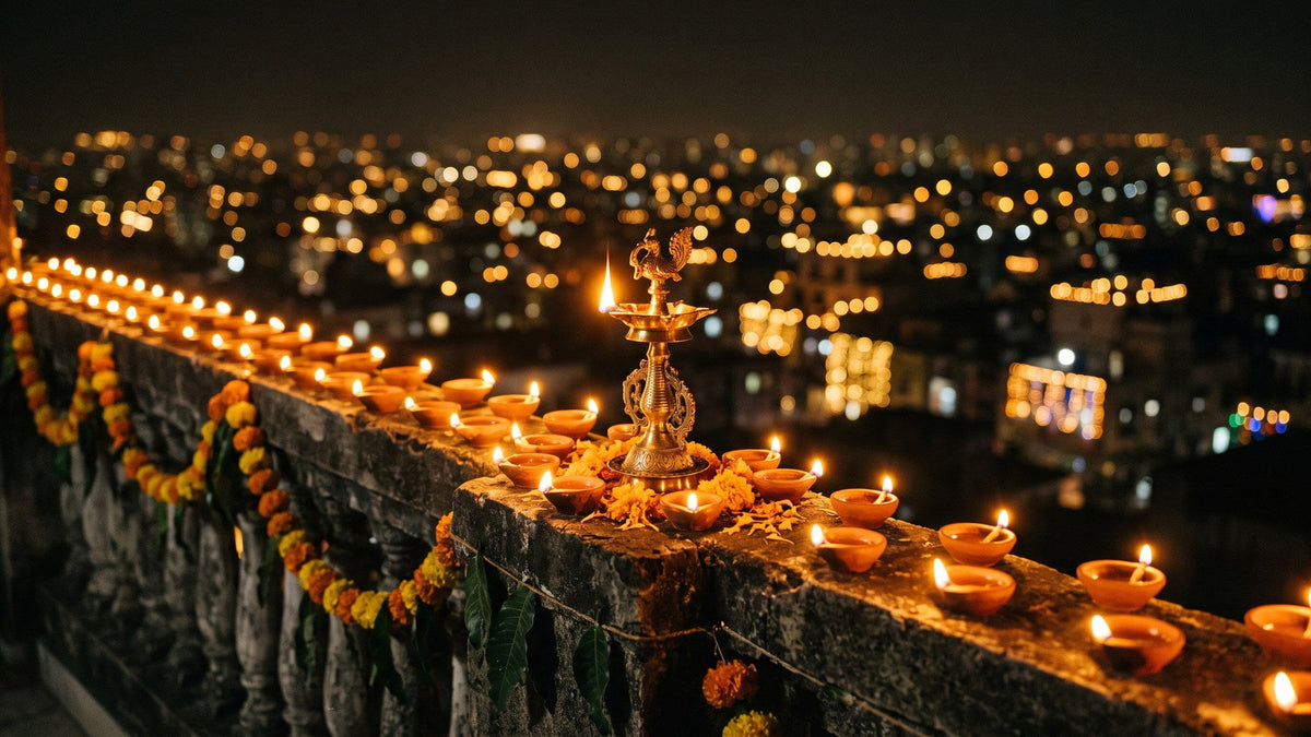 Clay diyas and a tall brass lamp burning along a terrace parapet on Diwali night, city lights glowing behind.