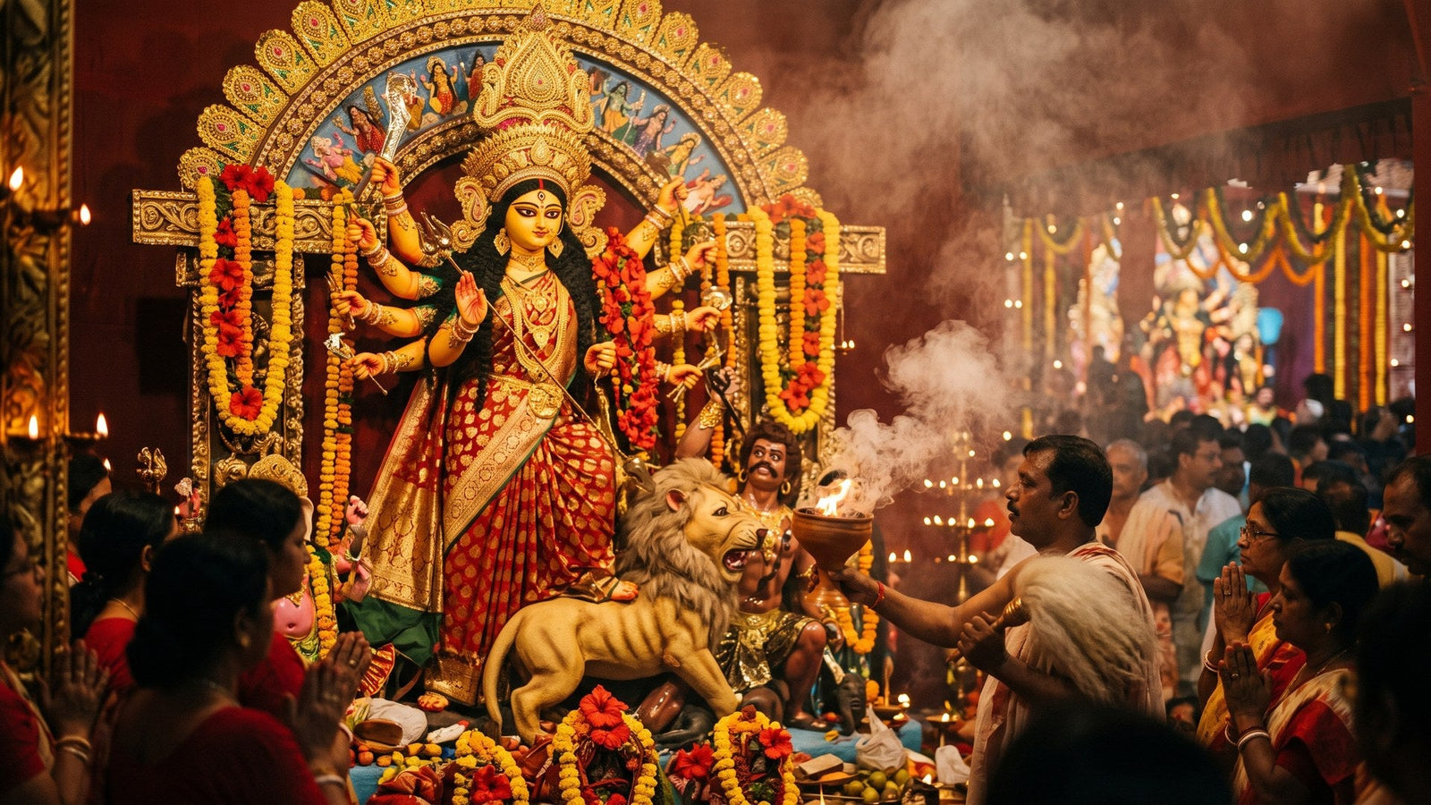 Evening aarti before a Durga pratima, dhunuchi smoke rising against red and gold decoration