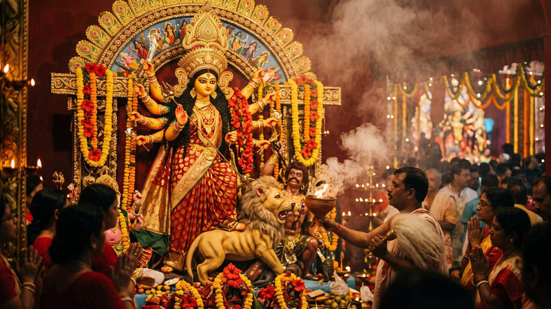Evening aarti before a Durga pratima, dhunuchi smoke rising against red and gold decoration