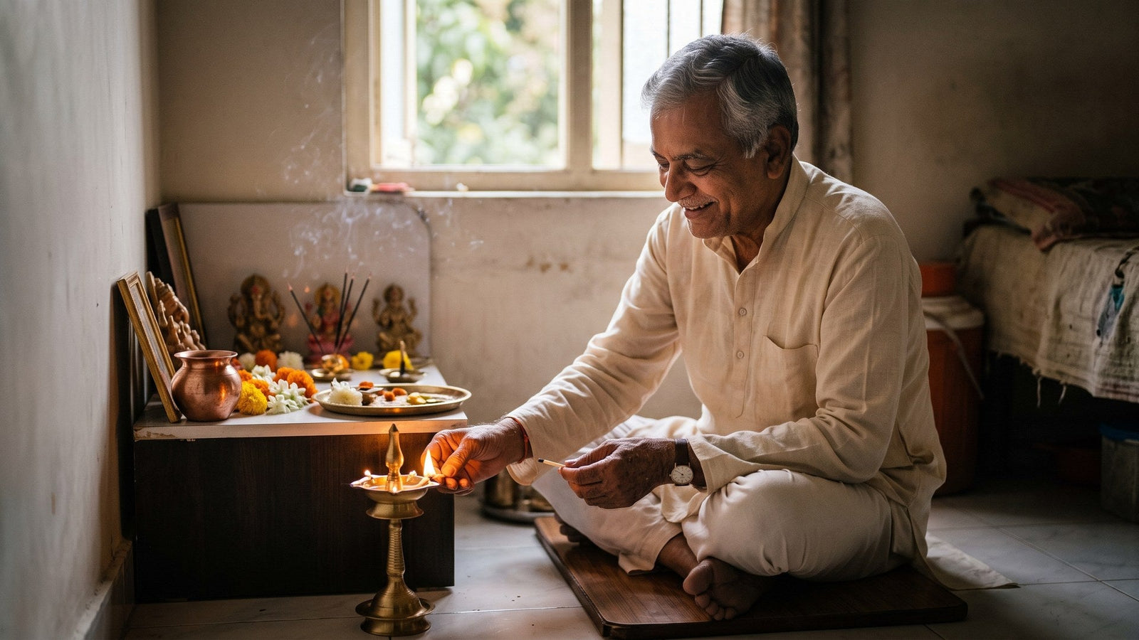 An Indian father in a cotton kurta lights a brass oil lamp at his small home puja shelf.