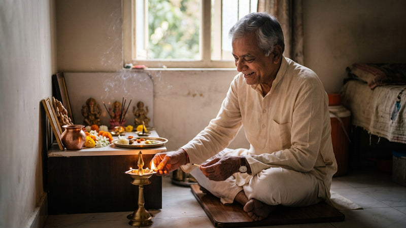 An Indian father in a cotton kurta lights a brass oil lamp at his small home puja shelf.