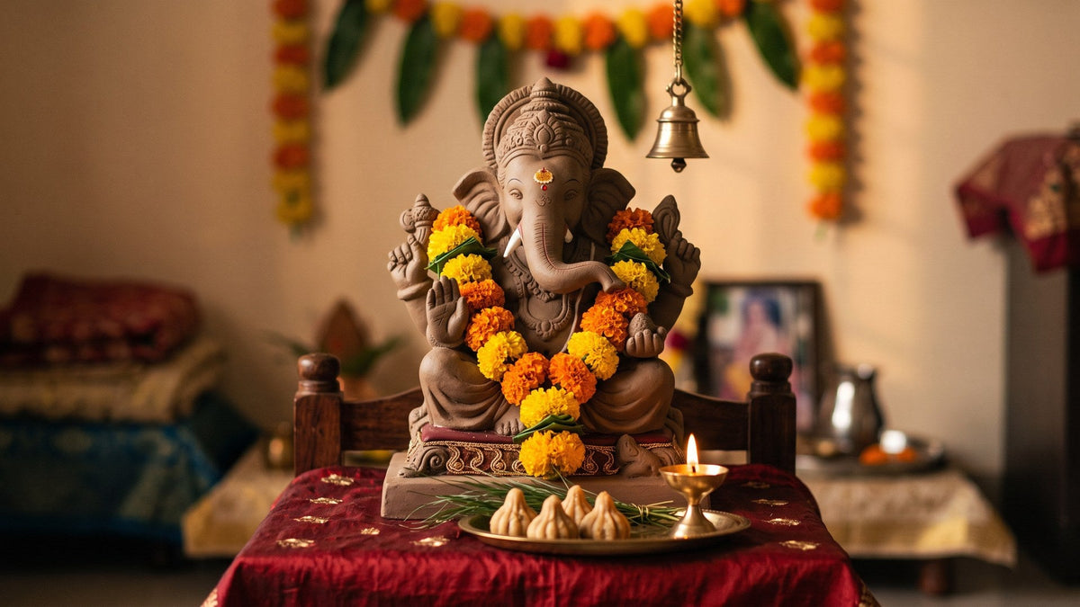 A shadu clay Ganesha murti garlanded with marigold on a red silk chowki, modaks and a lit brass diya before it