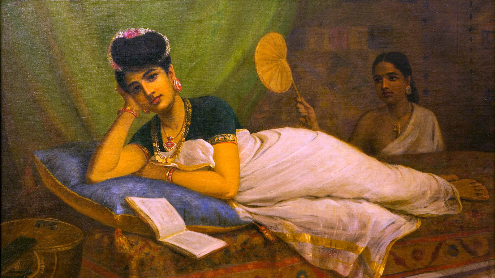 Raja Ravi Varma's 1908 painting of a young woman reclining on a divan in a white sari while an attendant fans her