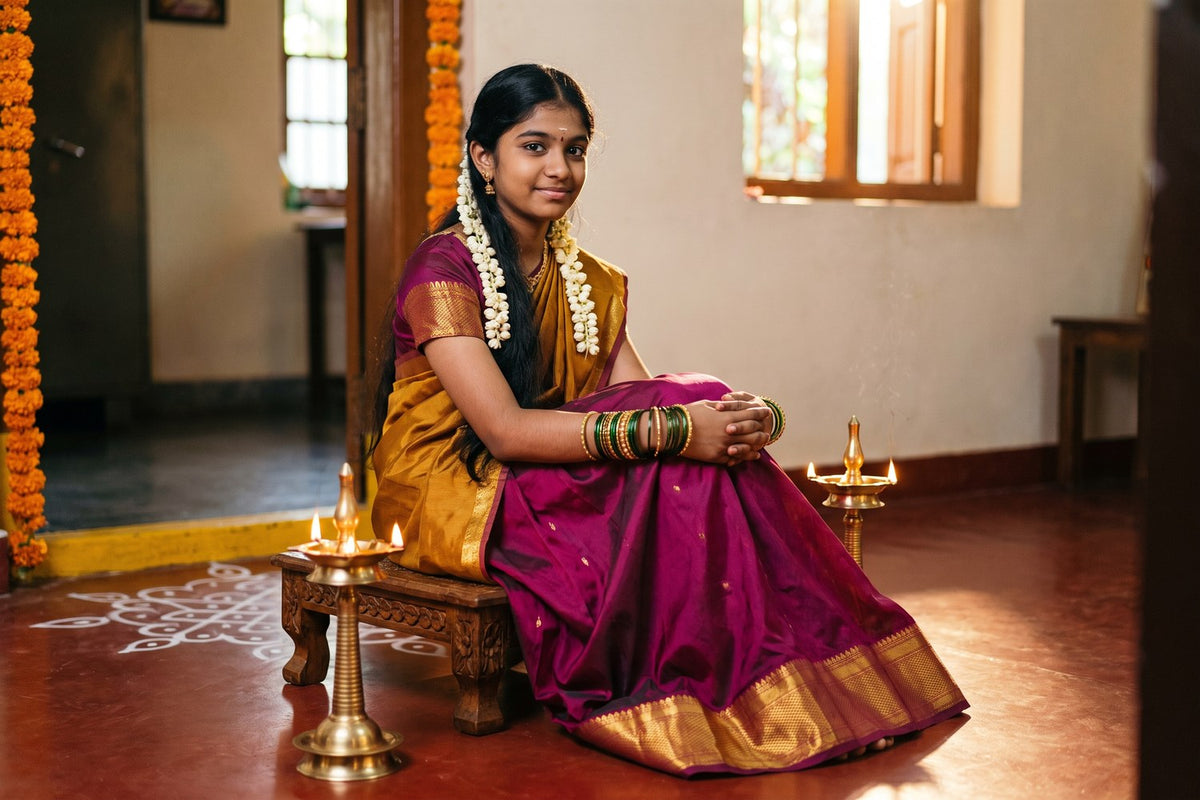 A girl in a magenta and gold silk langa voni seated beside lit brass lamps at her half saree function