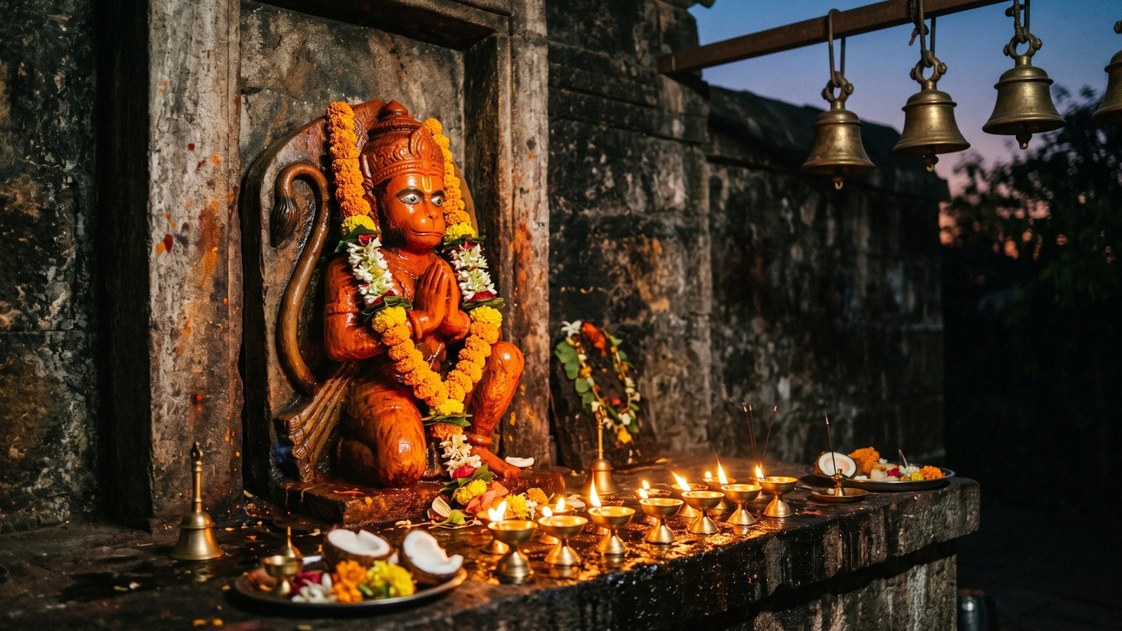 A Hanuman murti coated in vermilion and oil, garlanded with marigold, oil lamps lit before it at dusk
