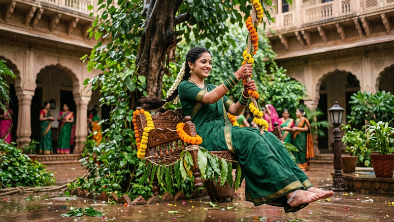 A woman in a green saree swings under a rain-soaked tree in a courtyard on Hariyali Teej.