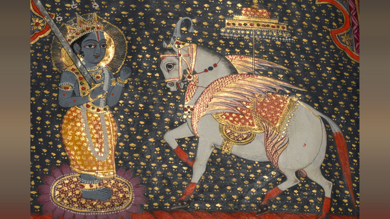 Kalki, the tenth avatar of Vishnu, standing sword in hand beside his horse in a gold-flecked Punjabi manuscript painting