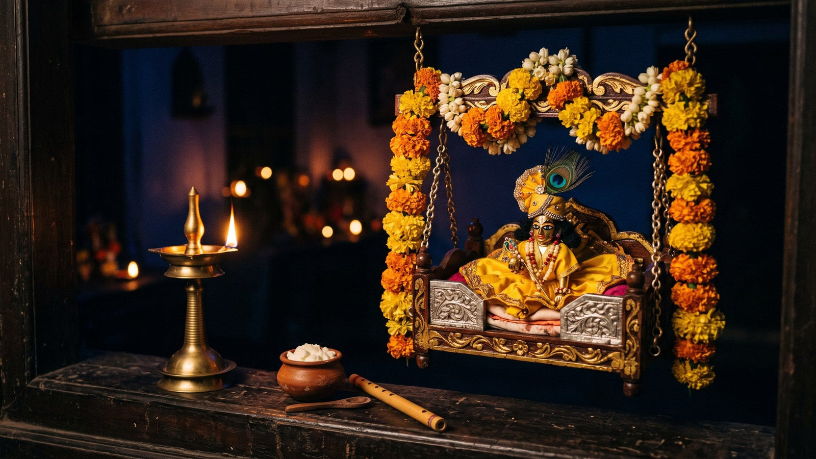 A brass baby Krishna rests in a garlanded cradle beside a lit lamp, butter pot and flute at midnight.