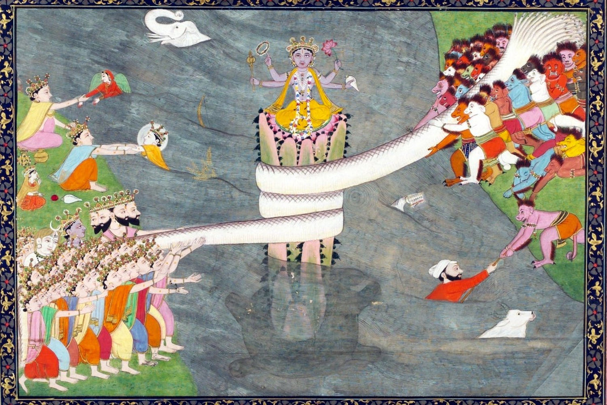 Painting of the churning of the ocean: gods and demons pull the serpent Vasuki around Mount Mandara, with Vishnu above and the tortoise Kurma beneath it in the water