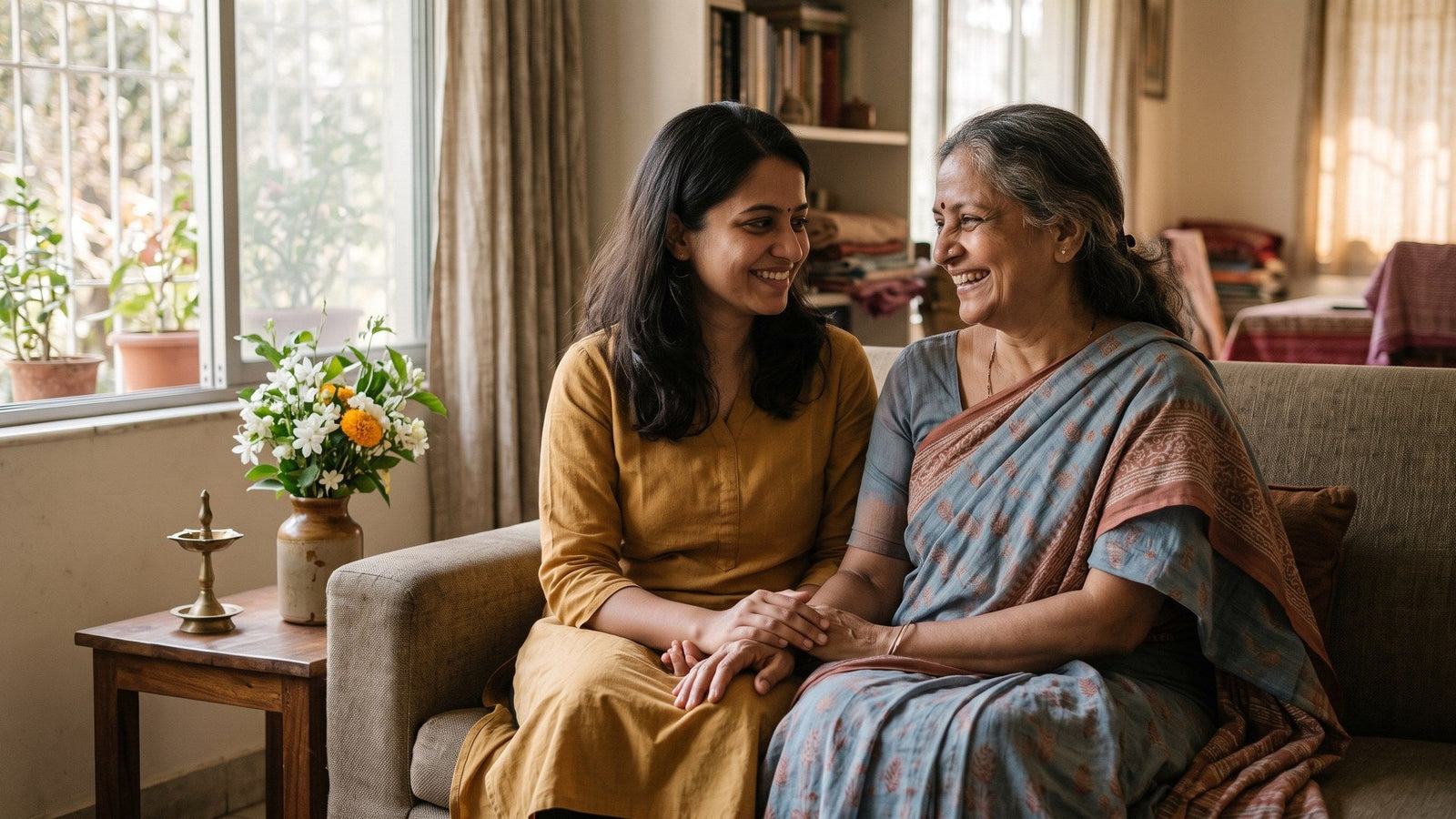 An Indian mother and her adult daughter sitting close together on a sofa in warm morning light