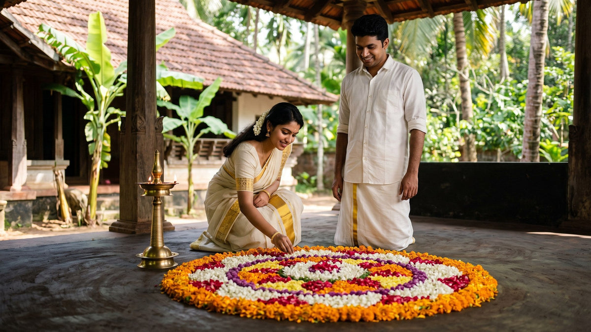 A woman in a kasavu saree finishing an Onam pookalam beside a lit nilavilakku in a Kerala courtyard.